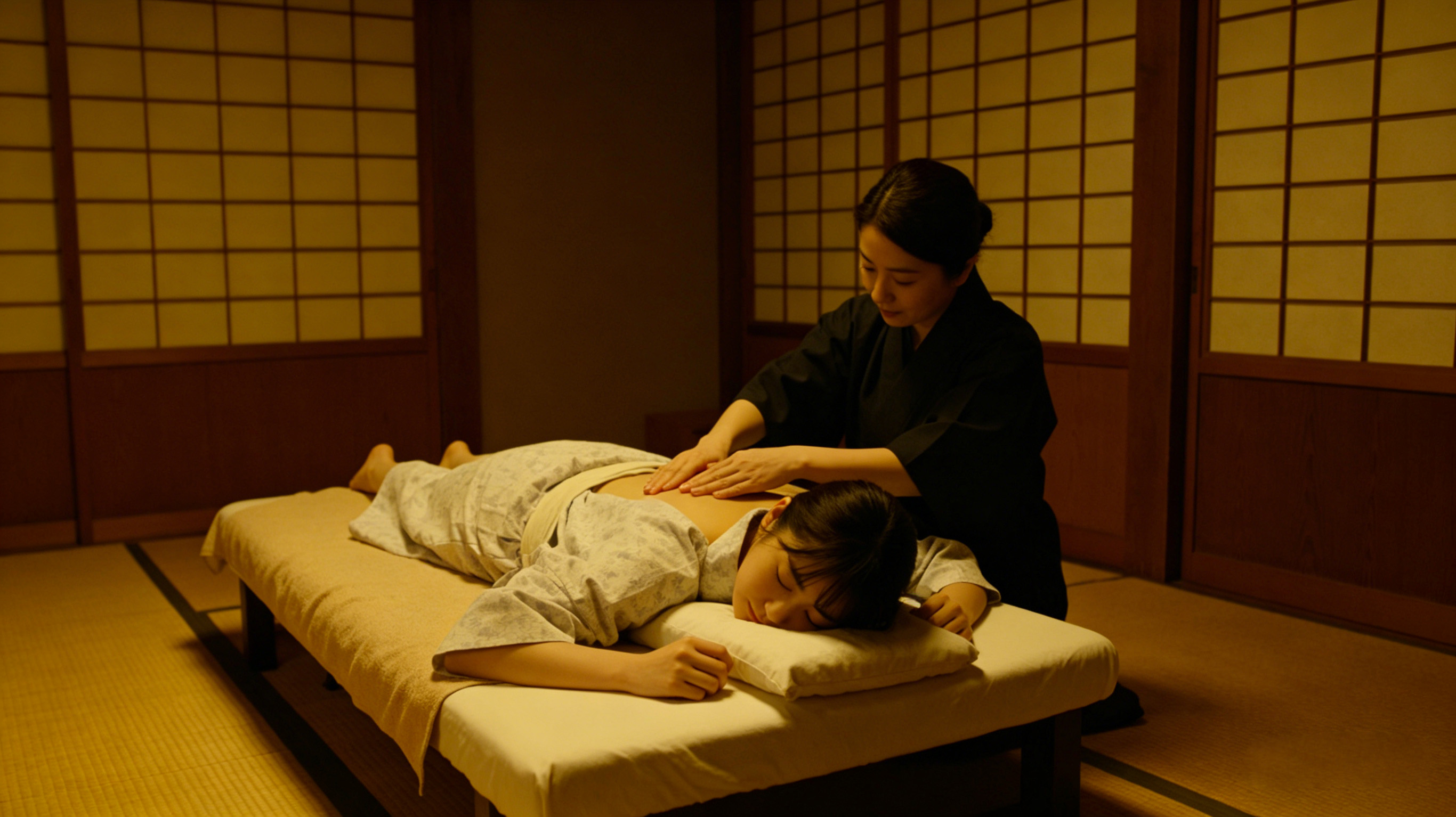 Luxury in-room massage setup with candles, oils, and flowers on hotel table